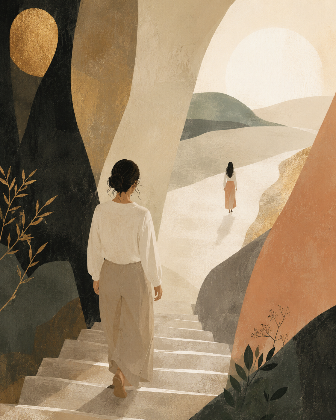 An illustration of a woman ascending a sunlit staircase toward another figure in the distance.