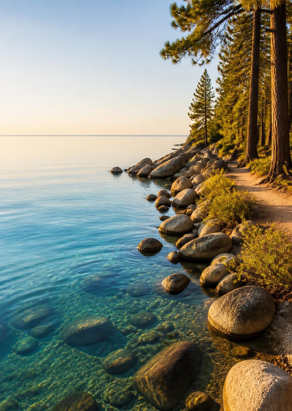 Early morning light on Lake Tahoe's East Shore — granite boulders, Jeffrey pines, and a narrow shoreline trail