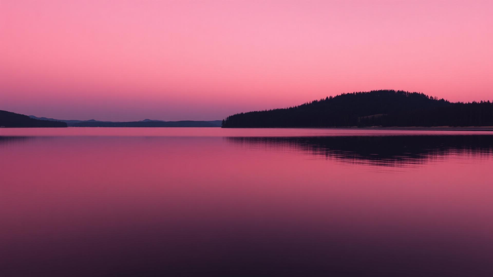 A still lake at dusk with distant forested shoreline