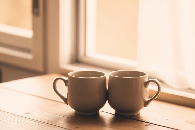 Two warm cups of tea on a sunlit wooden table near a window