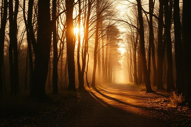 A winding path through tall trees, lit by golden morning light